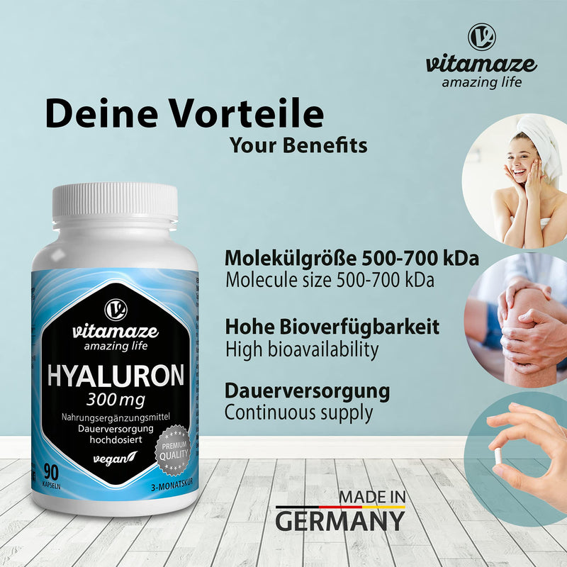 High-dose hyaluronic acid capsules, 300 mg per capsule, vegan, 3 months continuous supply, high bioavailability: low molecular weight 500-700 kDa, nutritional supplement without additives, Made in Germany - NewNest Australia