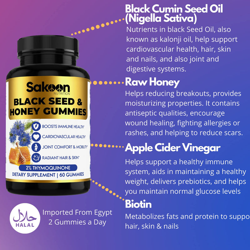 Black Seed Oil & Honey Gummies W/ 2%+ THYMOQUINONE | Nigella Sativa Seeds| Super antioxidant for Immune Support, Joints, Digestion, Hair & Skin | 60 Gummies - NewNest Australia