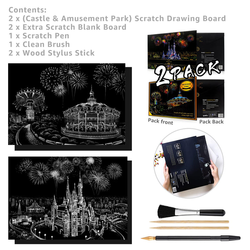 Scratch Painting Kits for Adults & Kids, Craft Art Set, Rainbow Scratch Art Painting Paper, Sketch DIY Night View Scratchboard, 16'' x 11.2'' Creative Gift with 3 Tools kit (Castle / Amusement Park) Castle / Amusement Park - NewNest Australia