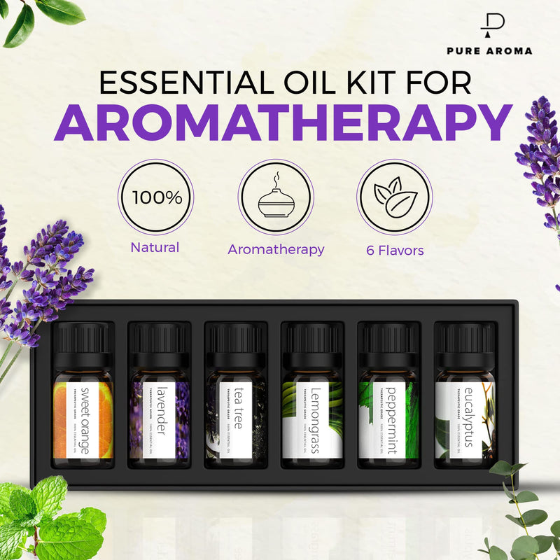 Essential Oils by PURE AROMA 100% Pure Therapeutic Grade Oils kit- Top 6 Aromatherapy Oils Gift Set-6 Pack, 10ML(Eucalyptus, Lavender, Lemon Grass, Orange, Peppermint, Tea Tree) - NewNest Australia