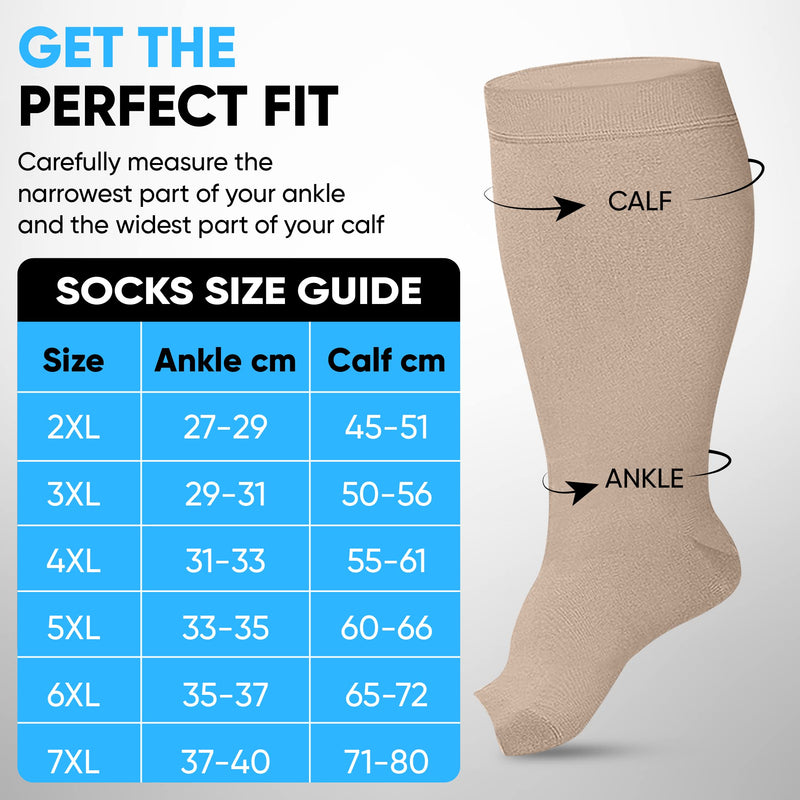 Compression Socks, Flight Socks for Women and Men. (2 Pairs) Plus Size, Wide Calf, Medical Compression Stockings. Knee High with Open Toe. Excellent Support, Helps with Varicose Veins. 6XL - NewNest Australia