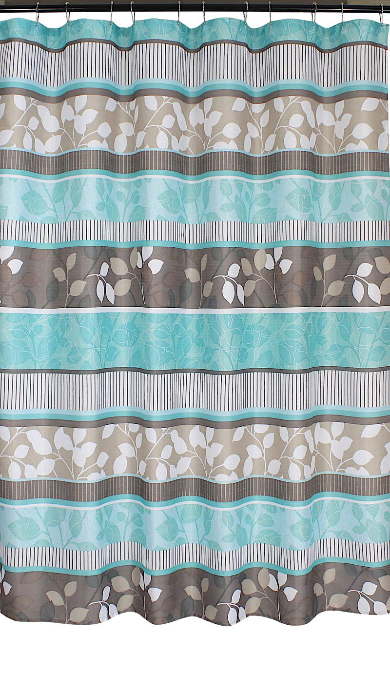 Serafina Home Aqua Blue Fabric Shower Curtain: Primitive Striped Floral Design, 70 by 72 Inches, Teal Aqua Brown Beige - NewNest Australia