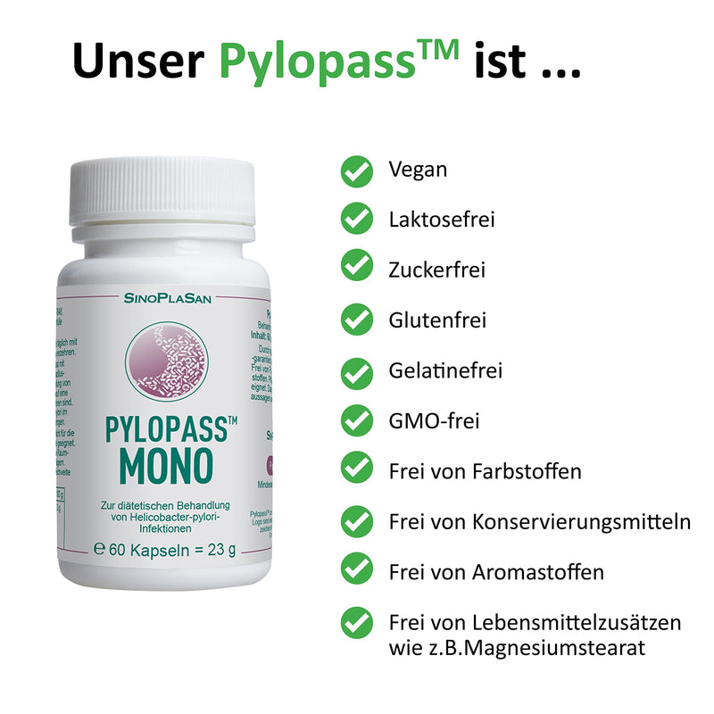 Pylopass MONO 200mg, 60 capsules, for diet management for Helicobacter Pylori infections, high dosage, vegan, lactose-free, gluten-free, quality monitored - NewNest Australia