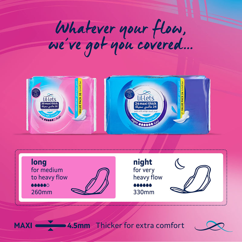 Lil-Lets Maxi Thick Period Pads X 30| Long Absorbency| with Wings | 1 Pack of 30 Maxi Pads |for Medium to Heavy Flow | Unscented | Super Soft Comfort Cover | Super Absorbency Towel - NewNest Australia