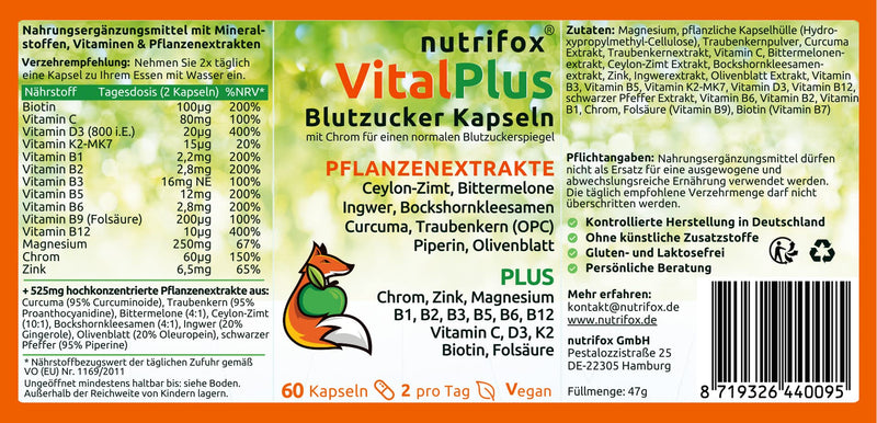 60 Blood Sugar Capsules Vital Plus (With Ceylon Cinnamon, Chromium, Zinc, Opc, Bitter Melon, Fenugreek Seeds, Turmeric, Ginger, Vitamin B Complex, Etc.), 2 Months, From Nutritionists For Diabetes - NewNest Australia