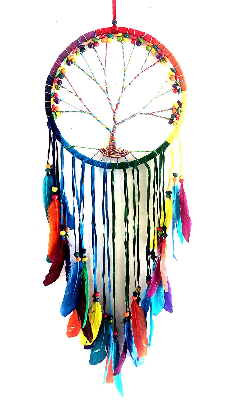 NewNest Australia - OMA Dream Catcher - Tree of Life Rainbow Chakra Suede Dreamcatcher with Feathers & Wood Beads Tie Dye - Large Size - 36" Long x 11" Diameter Brand (Rainbow) Rainbow/ Chakra 