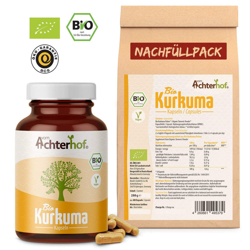 Turmeric capsules organic refill pack | 400 pieces | 4800mg turmeric per daily dose | freshly ground turmeric root in organic quality | vegan capsule shell | from the Achterhof 400 pieces (pack of 1) - NewNest Australia