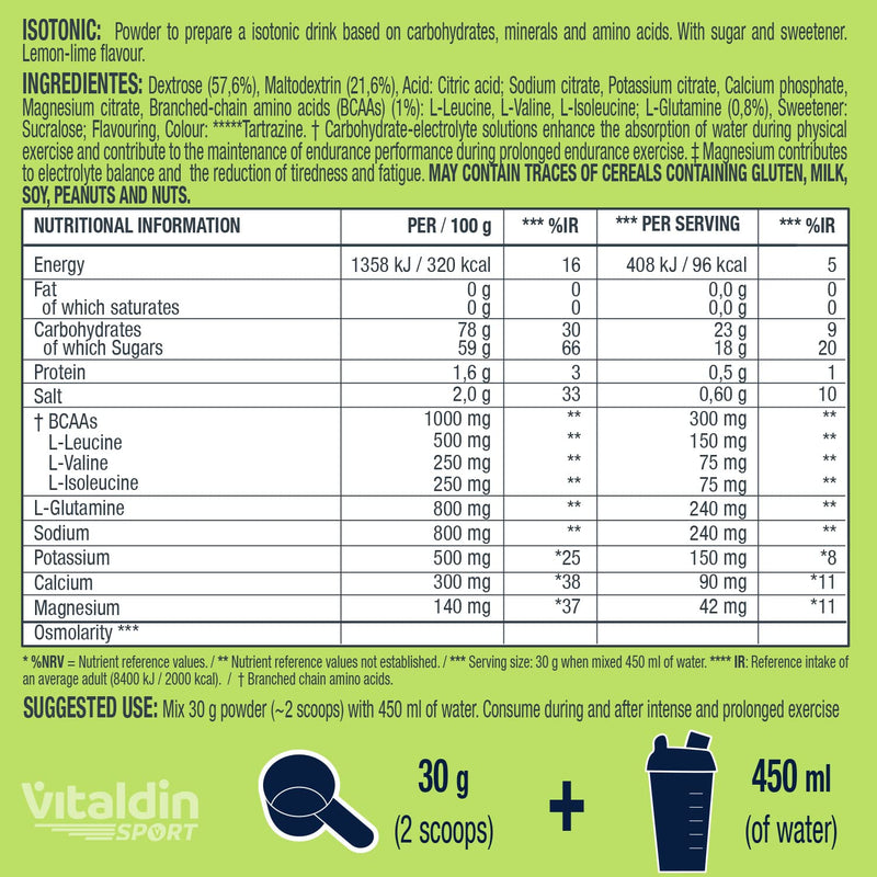 Vitaldin Sport Hydration Drink Isotonic - Isotonic Drink Powder With Electrolytes, Bcaa & Glutamine - For Hydration + Fast & Lasting Energy - Running & Cycling - Lime - 750G - NewNest Australia
