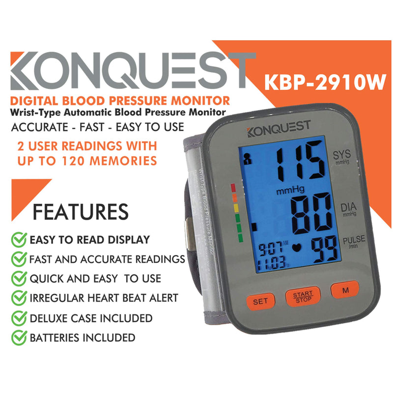 Konquest KBP-2910W Automatic Wrist Blood Pressure Monitor - Accurate - Adjustable Cuff, Large Screen Display, Portable Case - Irregular Heartbeat & Hypertension Detector - NewNest Australia