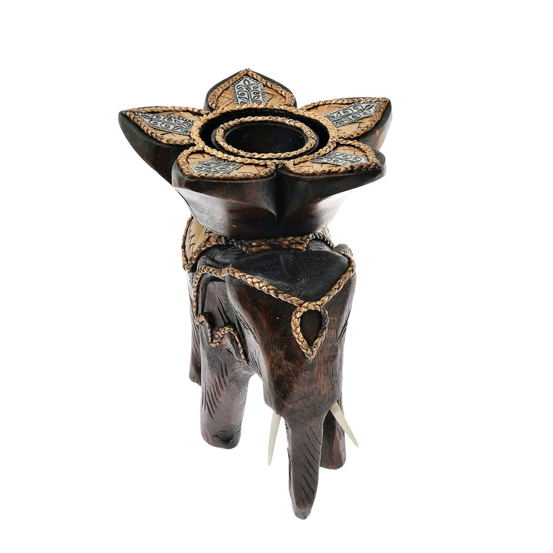 NewNest Australia - AeraVida Royal Elephant with Flower Candle Holder Rain Tree Wood Handmade 