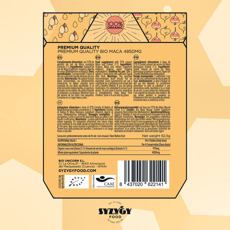 SYZYGY FOOD Pure Organic Maca Extract from Peru, 250 Tablets with 4850 mg Maca Powder, Organic Maca Capsules, High Dose 5:1, Increases Energy and Vitality, Organic Certification, Made in EU - NewNest Australia