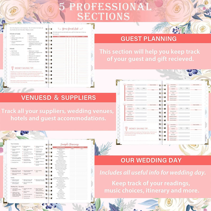 Wedding Planner - Purple White Wedding Planner Book and Organizer for The Bride with 5 Tabbed Sections, 6.5" x 8.75", Hardcover with Metal Corner + 5 Inner Pocket + Sticker + Notes Pages - NewNest Australia