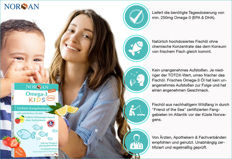 Norsan Omega 3 Kids Jelly 45 High Dose Pack Of 2 (2 X 45 Jellys) / Omega 3 For Children 1,000 Mg Per Serving / High-Quality Omega 3 Oil With Epa & Dha/Daily Dose 4 Capsules Premium Omega 3 - NewNest Australia