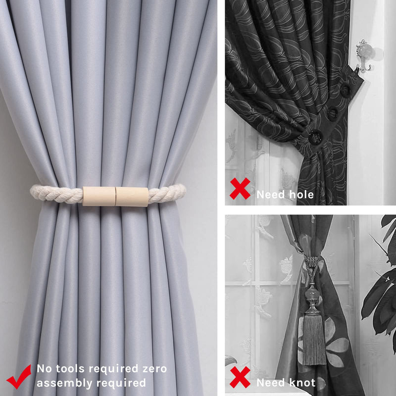 NICEEC 2 Pack Wooden Magnetic Curtain Tiebacks Boho Home Decoration Drape Tie Backs Natural Cotton Handmade Rope Curtain Holdbacks for Thin or Thick Home & Office Window Drapery (Beige) Beige - NewNest Australia