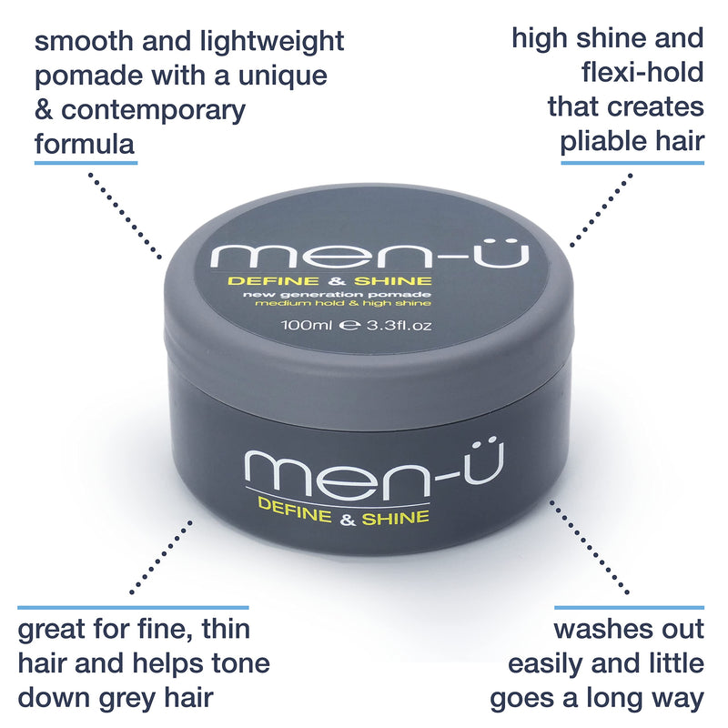 men-u pomade for men DEFINE & SHINE 100ml – Hair pomade w/ medium hold and high shine. Helps tone down grey hair & washes out easily - Mens hair products by men-u, Single walled 100ml styling puck. - NewNest Australia