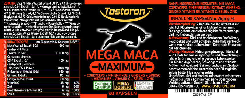 Tostoron Mega Maca Cordyceps 90 Capsules Extra Strong + High Dose - Bring The Tostoron Hammer Directly Home Caterpillar Extract 10:1 + Maca Extract 50:1, Vitamin B5, Selenium, Zinc (1 x 80.6 g) - NewNest Australia