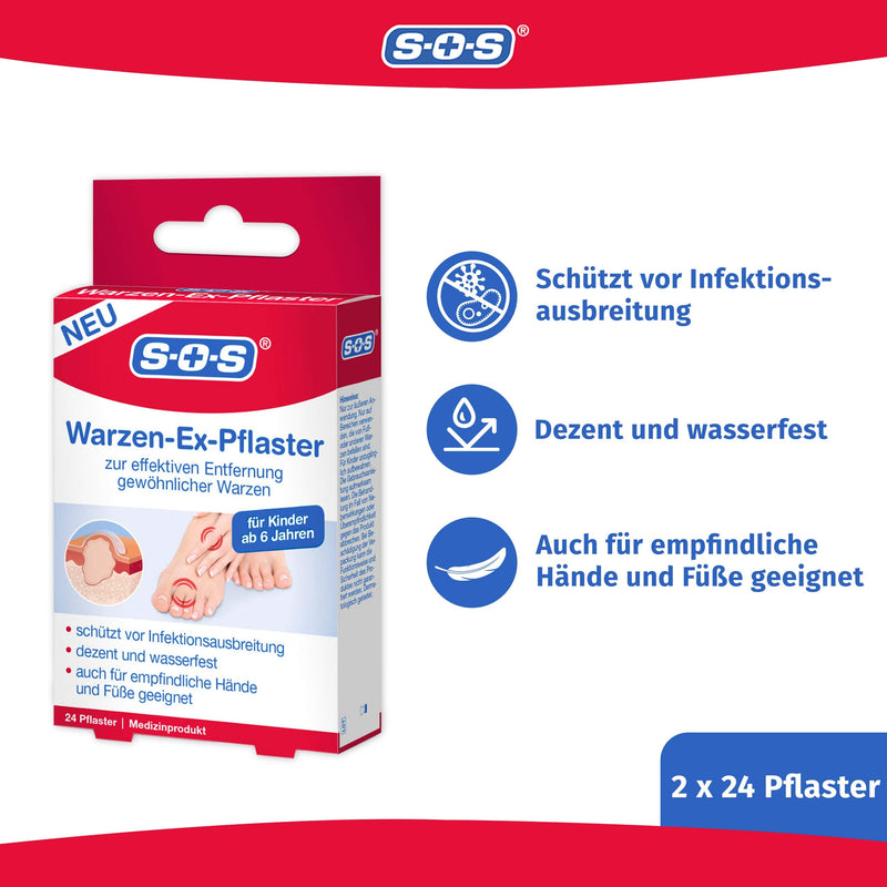SOS Warzen-Ex plaster - wart plaster for removing common warts on the hand and foot - waterproof - for children aged 6 and over - 2 x 24 plasters - NewNest Australia
