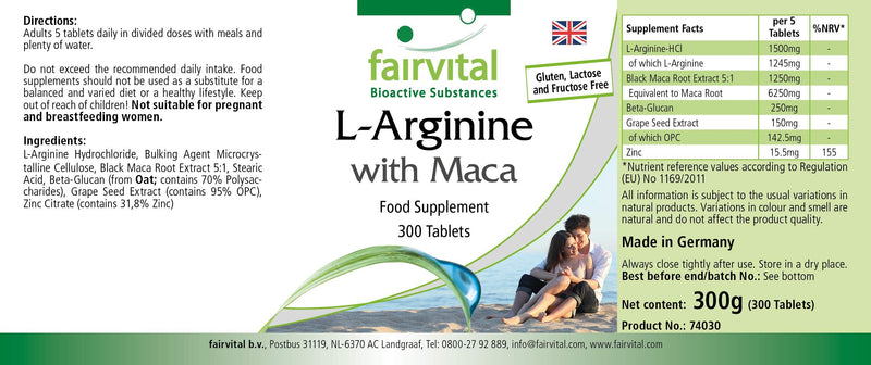 Fairvital L-Arginine + Maca Plus - High Dose - with Beta-Glucan, OPC and Zinc - 300 Tablets - NewNest Australia