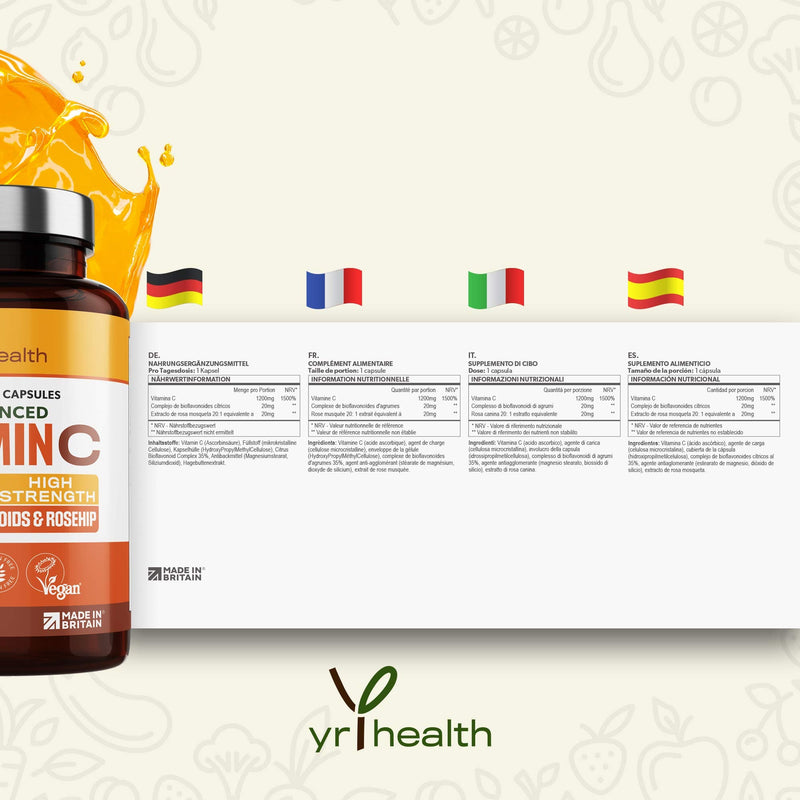 Vitamin C 1200mg Immune Support with Bioflavonoids and Rosehip | 180 Vegan Vitamin C Capsules not Tablets | Slow Release VIT C Ascorbic Acid | Made in The UK by YrHealth - NewNest Australia
