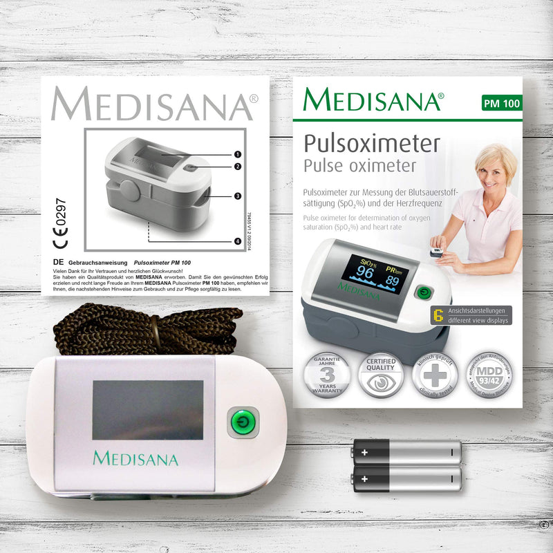 medisana PM 100 pulse oximeter, measurement of oxygen saturation in the blood, finger pulse oximeter with OLED display and one-touch operation, white single - NewNest Australia