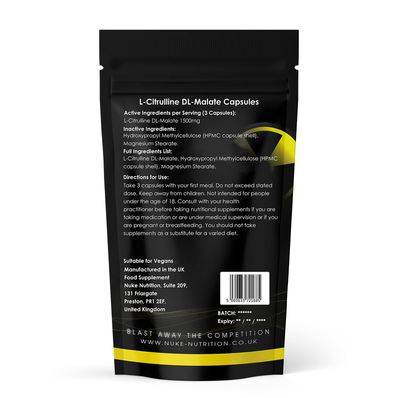 Nuke Nutrition L Citrulline Malate Capsules | 120 Capsules | High Strength 1500mg Dose Supplement | Boost Circulation, Performance & Muscle Recovery | 100% Natural, Preservative & Filler Free | Vegan 120 Count (Pack of 1) - NewNest Australia