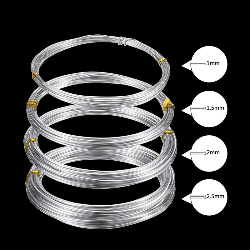 BBTO Aluminum Craft Wire, 4 Sizes (1 mm, 1.5 mm, 2 mm and 2.5 mm in Thickness) Bendable Metal Wire for DIY Sculpture and Crafts, 4 Rolls, Each Roll 16.4 Feet (Silver) - NewNest Australia