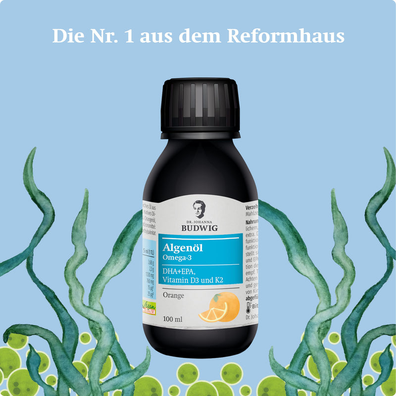 Dr. Budwig Omega 3 Algae Oil Orange (100 ml) high dosage, rich in DHA, EPA, vitamin D3 and K2, with a fruity orange flavor, vegan and vegetarian - NewNest Australia