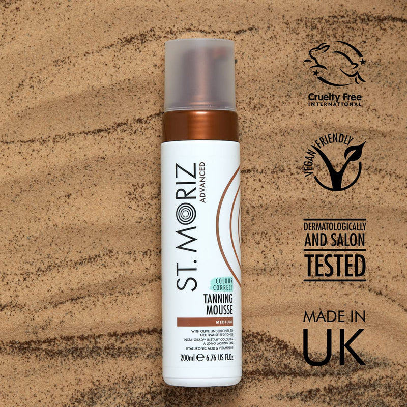 ST. MORIZ Advanced Colour Correcting Tanning Mousse with Hyaluronic Acid & Vitamin B5, Fast Drying Vegan Fake Tan, Medium, 200 ml - NewNest Australia