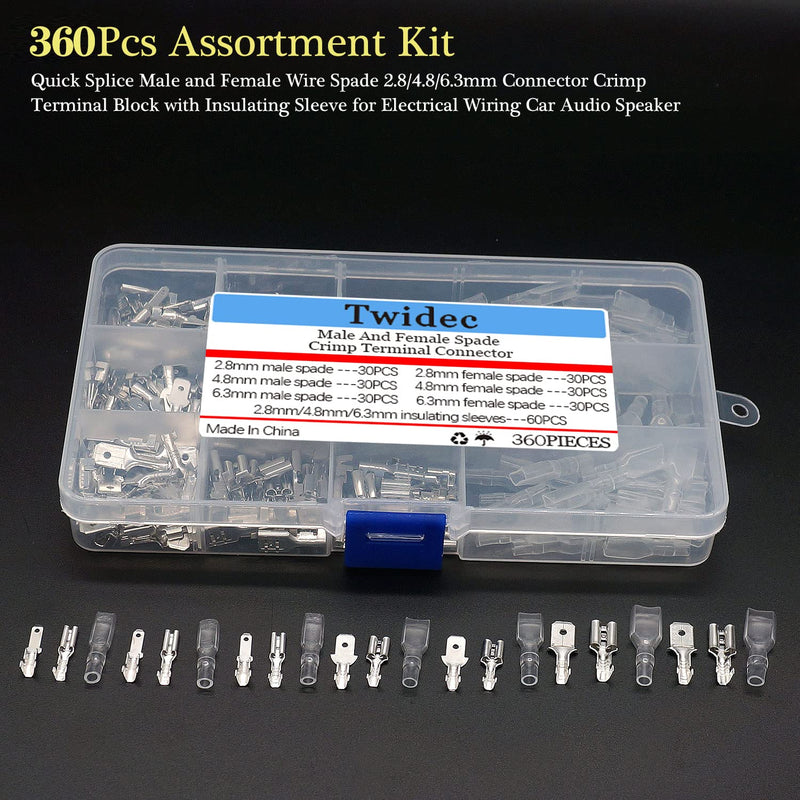 Twidec/360Pcs 2.8/4.8/6.3mm Quick Splice Male and Female Wire Spade Connector Crimp Terminal Block Assortment Kit with Insulating Sleeve for Electrical Wiring Car Audio Speaker - NewNest Australia
