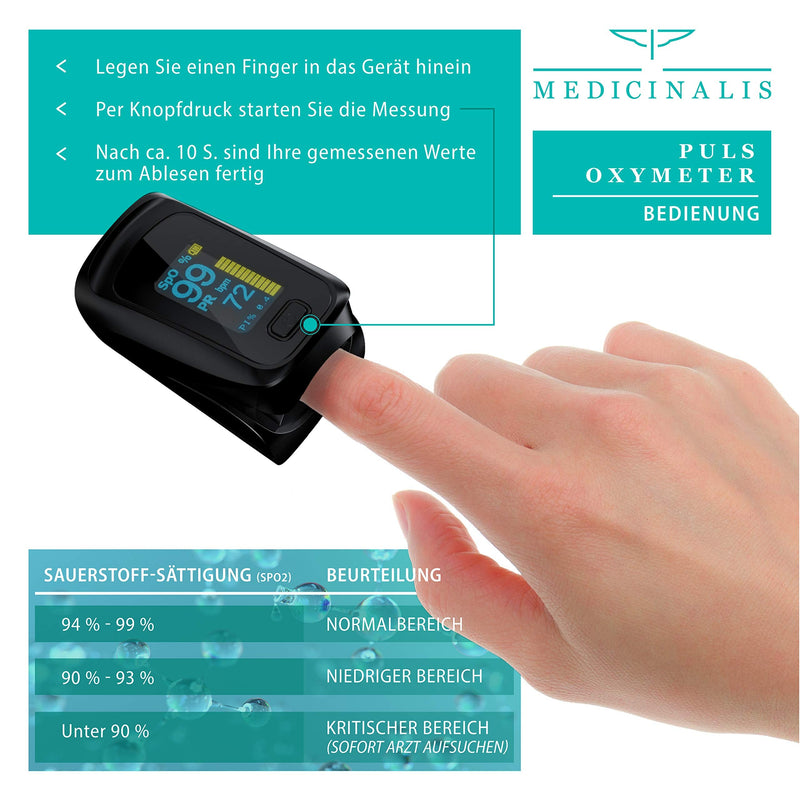 Medicinalis - Finger Pulse Oximeter - Spo2 Pulse Monitor - Measures Pulse And Oxygen Saturation On Finger - Oled Display - Battery Indicator - Alarm - One-Touch Operation - NewNest Australia