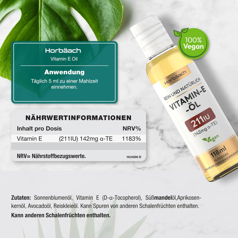 Vitamin E oil 211 IU | 236ml (2 x 118ml) | Vegan liquid for hair, skin, nails | by Horbaach - NewNest Australia