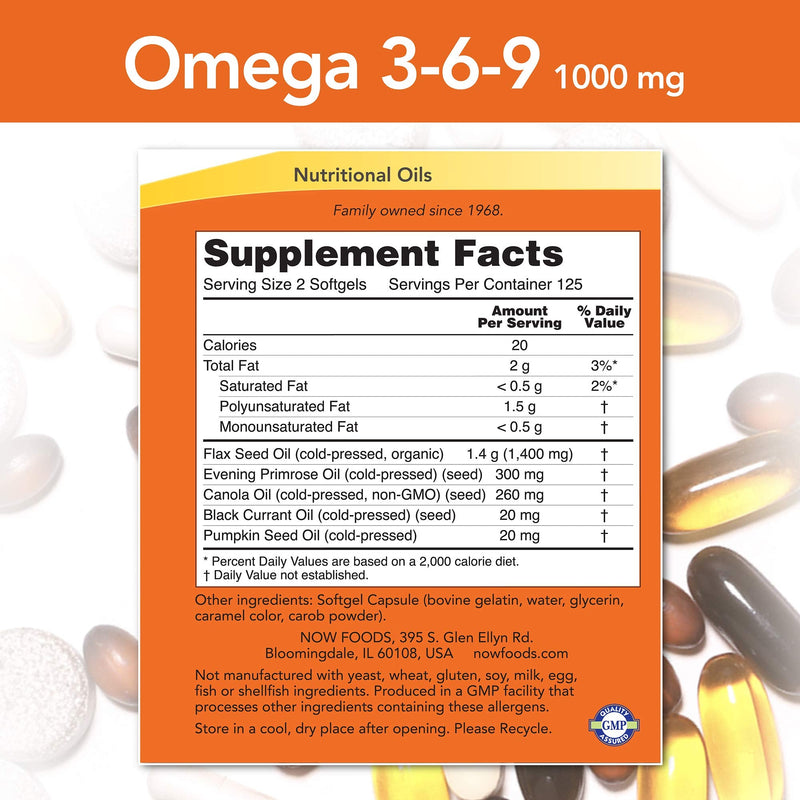 NOW Supplements, Omega 3-6-9 1000 mg with a blend of Flax Seed, Evening Primrose, Canola, Black Currant and Pumpkin Seed Oils, 250 Softgels - NewNest Australia