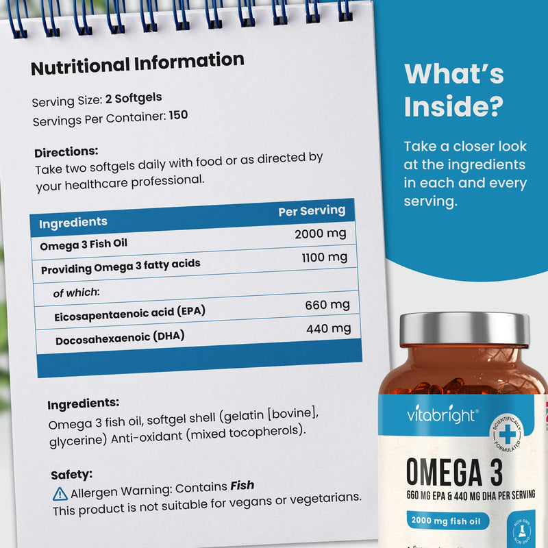 Omega 3 Pure Fish Oil 2000mg - 300 Softgel Capsules (5 Months Supply) - 660mg EPA & 440mg DHA per Serving - Supports Brain, Heart Function and Eye Health - Made in The UK by VitaBright - NewNest Australia