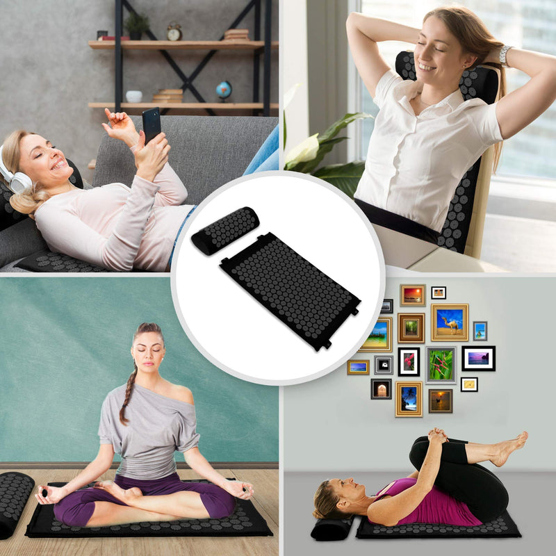 Belmalia Acupressure Set with Neck Cushion for Relaxation + Well-Being | Easy Transport Acupuncture Mat and Pillow Set | Massage Mat with Carrying Handles | Black - NewNest Australia