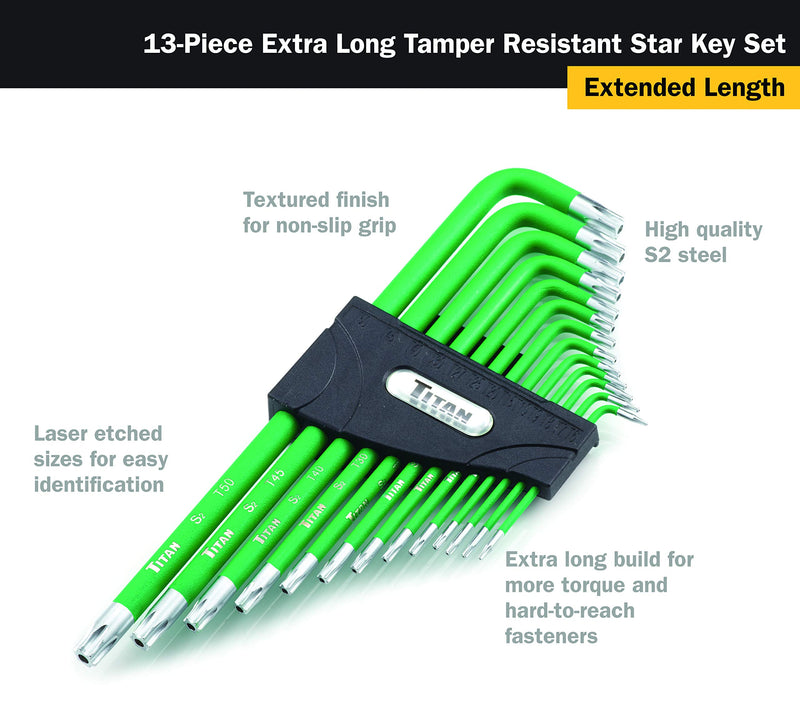 Titan 12715 Extra-Long Arm Tamper Resistant Star Key Set - 13 Piece Green - NewNest Australia