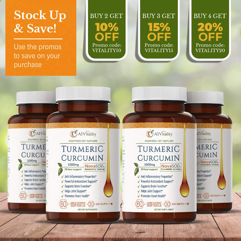 A1 Vitality Turmeric Curcumin NovaSOL Supplements 1000mg More Potent Than Bioperine - Inflammation, Joint Pain Relief - 185x Bioavailable Than Turmeric Black Pepper Capsules – Best Natural Softgels - NewNest Australia