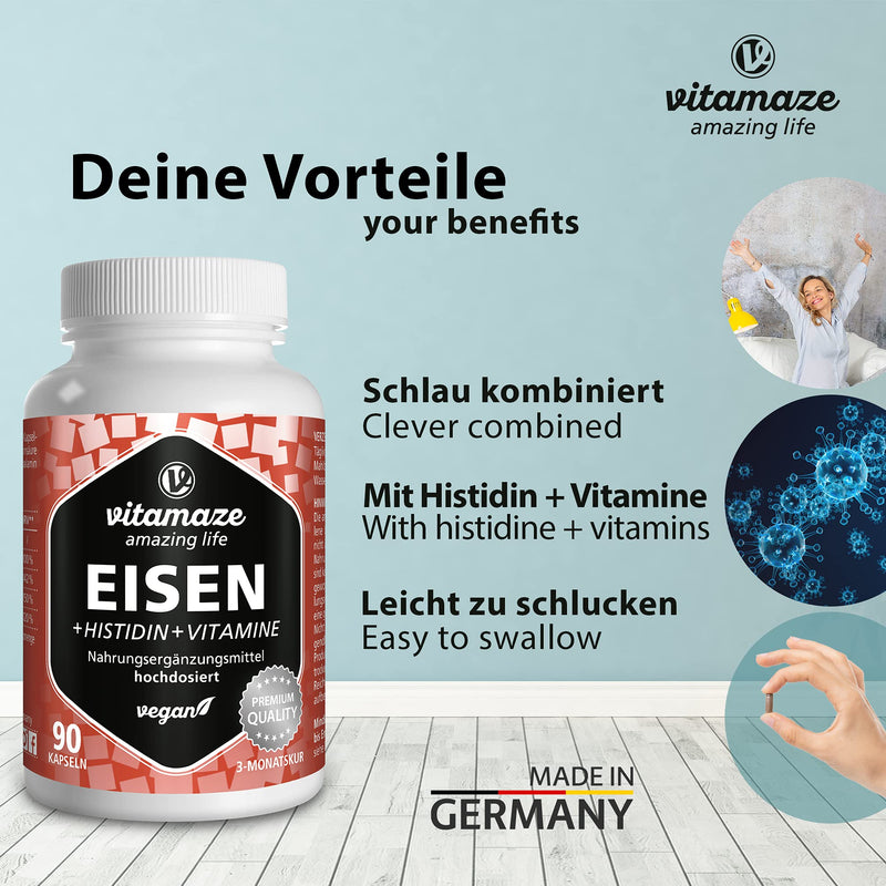 Iron Capsules High Dose & Vegan, 20 Mg With Vital Formula + Histidine + Vitamins For Optimal Bioavailability, 90 Capsules For 3 Months, Natural Supplement Without Additives, Made In Germany - NewNest Australia