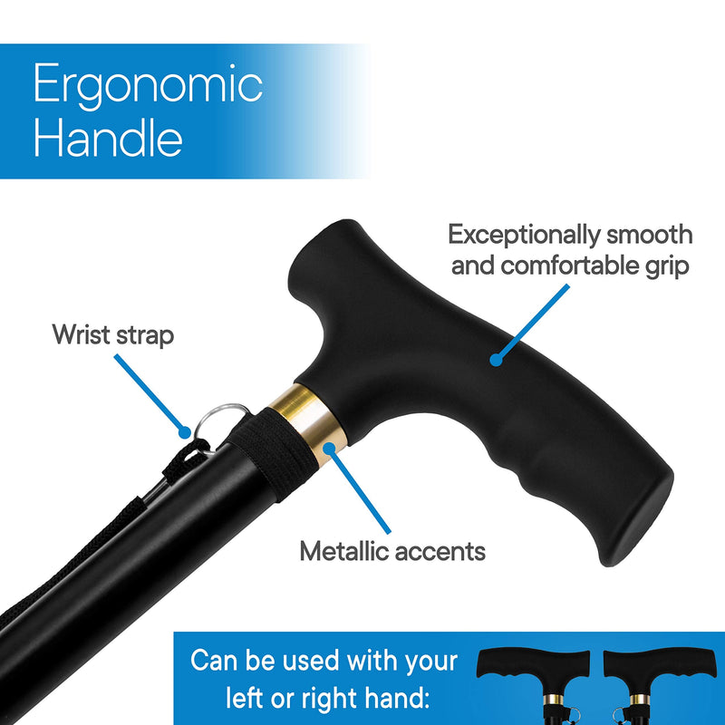RMS Folding Cane - Foldable, Adjustable, Lightweight Aluminum Offset Walking Cane - Collapsible Walking Stick with Ergonomic Derby Handle - Ideal Daily Living Aid for Limited Mobility (Black) Black - NewNest Australia