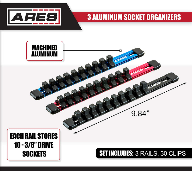 ARES 70355 - 3-Piece 3/8-Inch Drive 9.84-Inch Socket Organizer Set - Store up to 10 Sockets on Each Rail and Keep Your Tool Box Organized 3pc Set 3/8" Drive 9.84" Aluminum Socket Rails Red, Blue, Black - NewNest Australia