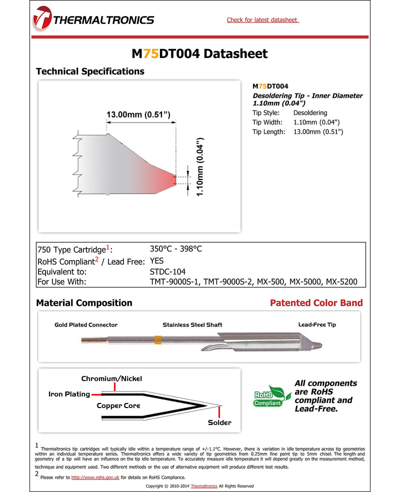 Thermaltronics M75DT004 Desoldering Tip - Inner Diameter 1.10mm (0.04in) interchangeable for Metcal STDC-104 - NewNest Australia