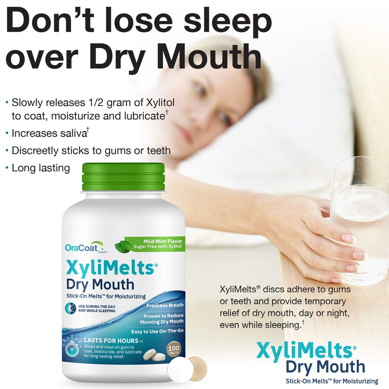 OraCoat XyliMelts Dry Mouth Relief Moisturizing Oral Adhering Discs Mild Mint with Xylitol, For Dry Mouth, Stimulates Saliva, Non-Acidic, Day and Night Use, Time Release for up to 8 Hours, 100 Count 100 Count (Pack of 1) - NewNest Australia