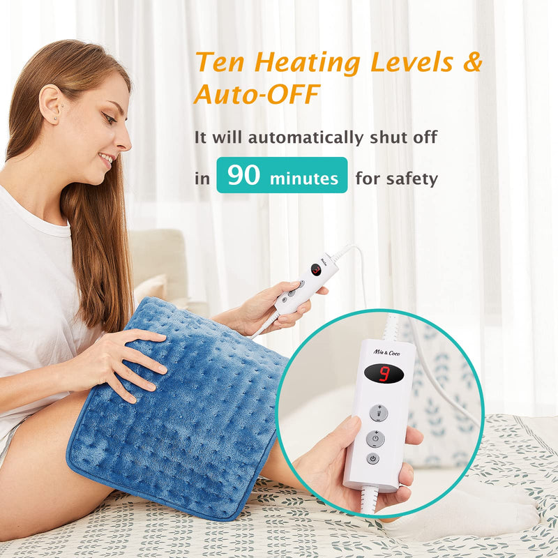 Electric Heat Pad for Back Pain Relief, Heating Pad with Auto Shut Off in 90 min, 10 Heat Level Settings, Fast Heated Pad 100% Comfortable Polyester, Machine Washable, Mia&Coco 12"x24" (30x60cm) Blue - NewNest Australia