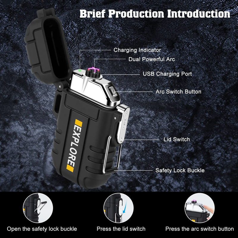 Lighter,USB Rechargeable Lighter,Windproof Arc Lighter Waterproof,Flameless Electric Lighter,Dual Arc Plasma Lighter with Emergency Whistle for Outdoor Adventure,Survival Tactical,Camping Gadgets Black - NewNest Australia