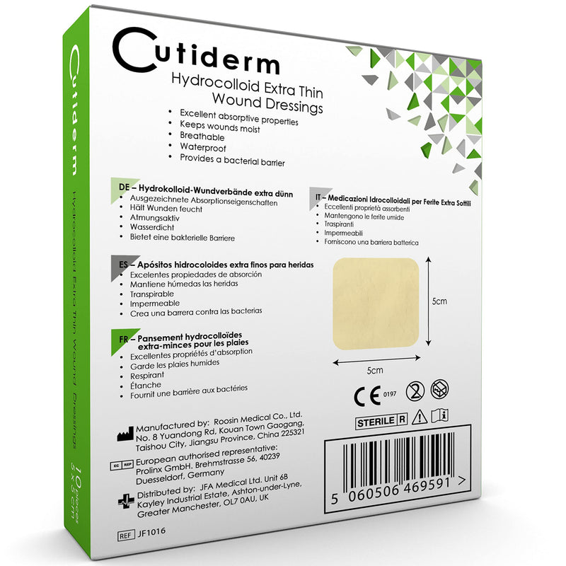 Pack of 10 Cutiderm Sterile Hydrocolloid Extra Thin Adhesive Wound Dressing 5cm x 5cm - for Cuts, Grazes, Superficial and Partial Thickness Burns, Pressure sores, and Venous Leg ulcers - NewNest Australia