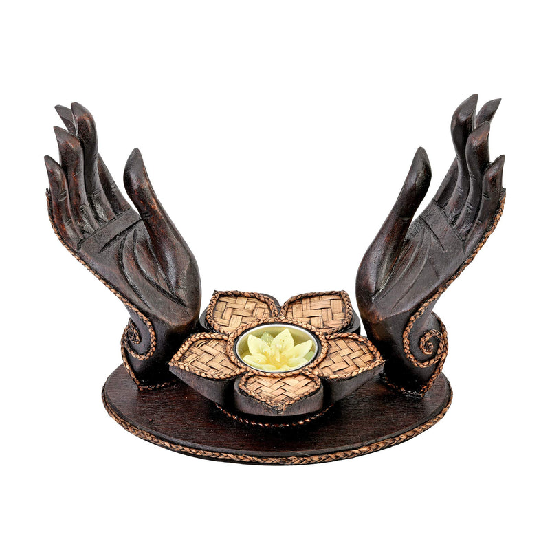 NewNest Australia - Blessed Pair of Open Hands Lotus Flower Rain Tree Wood Candle Holder Brown 