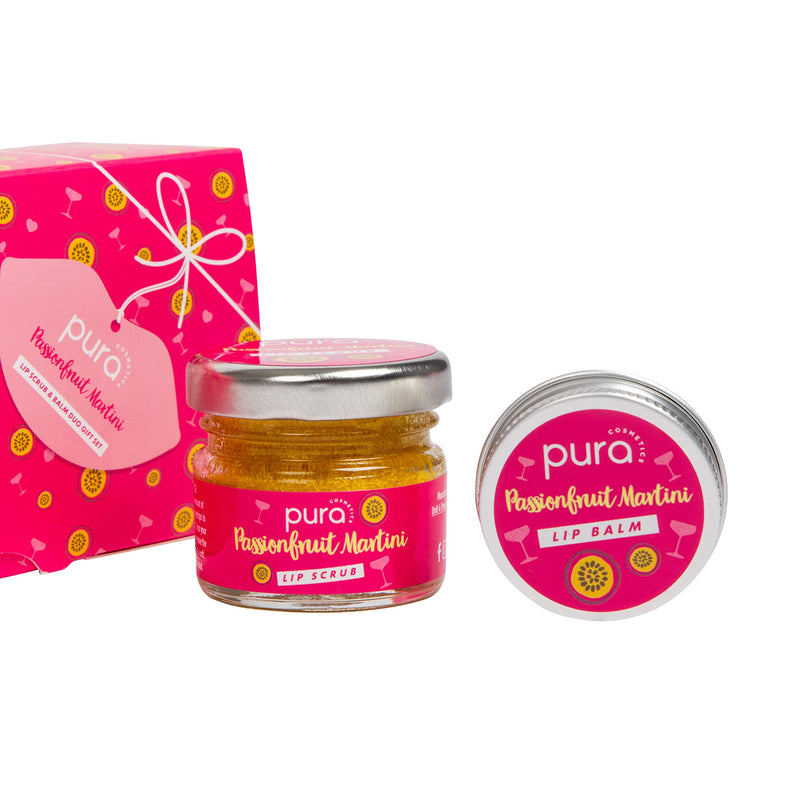 Pura Cosmetics Passionfruit Martini Lip Scrub and Balm Gift Set - Vegan, Natural Ingredients, Cruelty-Free, Plastic-Free Packaging & Handmade in the UK - NewNest Australia