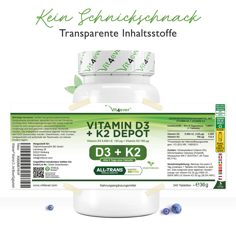 Vitamin D3 + K2 Depot - 240 tablets - Premium raw material: 99.7+% All-Trans (K2VITAL® from Kappa) - With 5000 IU vitamin D3 per tablet - Laboratory tested - High dosage 240 pieces (pack of 1) - NewNest Australia