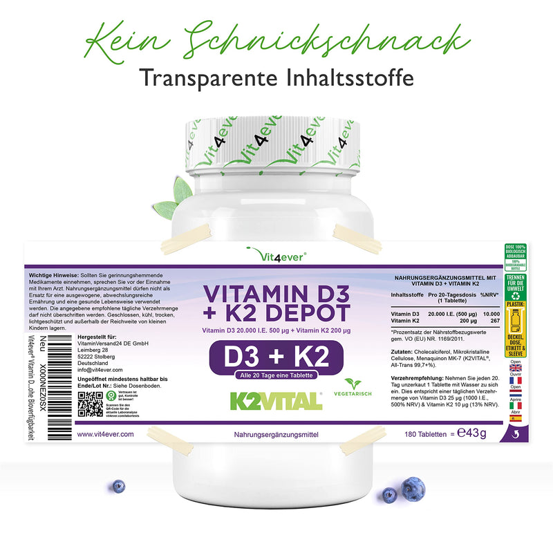 Vitamin D3 20,000 IU + Vitamin K2 200 mcg Menaquinone MK7 Depot - 180 tablets - 99.7+% All-Trans - Laboratory tested - Vegetarian - High dosage - Premium quality 180 pieces (pack of 1) - NewNest Australia