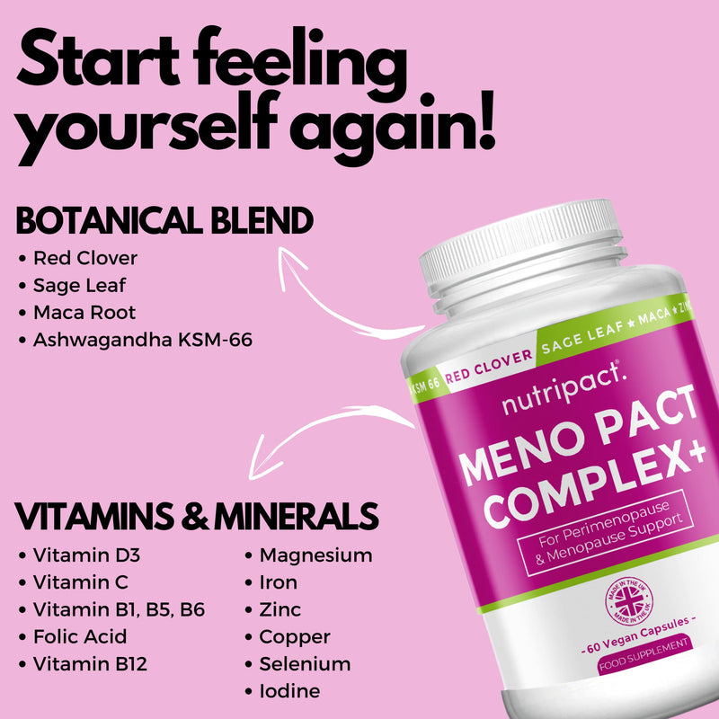 Meno Pact Support Complex - Perimenopause & Menopause Supplement for Women - 17 Active Ingredients - Formulated by Women’s Health Experts - High Strength Formula - 60 Vegan Capsules - Nutripact - NewNest Australia
