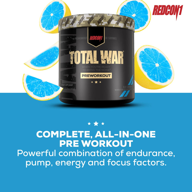 Redcon1 Total War - Pre Workout, 30 Servings, Boost Energy, Increase Endurance and Focus, Beta-Alanine, Caffeine (Blue Lemonade) Blue Lemonade 30 Servings (Pack of 1) - NewNest Australia